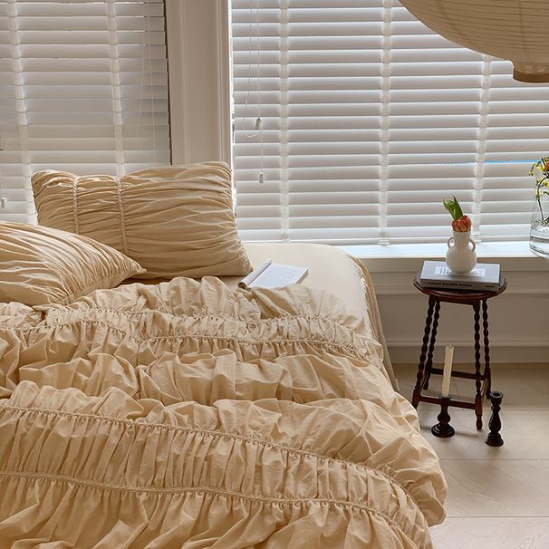 Wholesale French Princess Style Pure Washed Cotton All-Cotton Bubble Pleated Solid Color Bed Skirt Four-Piece Set_maomaolike.com