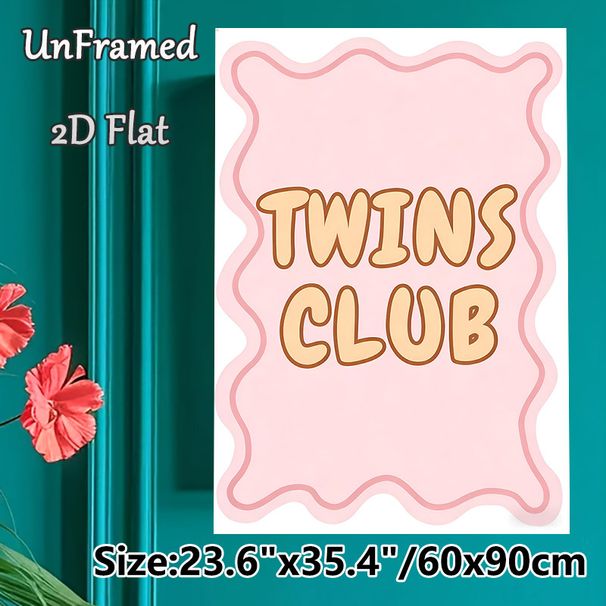 Twins Club Themed Painting Poster, Soft Pink Wavy Border Cute Retro Lettering Poster, Warm Playful Decor Idea For Bedroom & Family Living Space_maomaolike.com