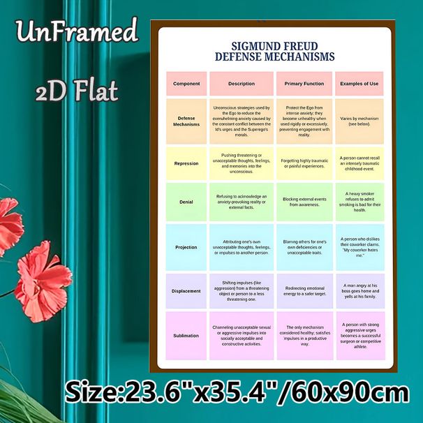 Sigmund Freud Defense Mechanisms Psychology Educational Painting Poster, Clear Organized Infographic Style Poster, Informative Psychology Learning_maomaolike.com