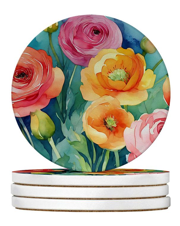 Ranunculus In Watercolor Large Sandstone Coasters Pack Of 4 Absorbent Round Coasters Decor Gifts For Men Or Women, 4 In, Multicolor_maomaolike.com
