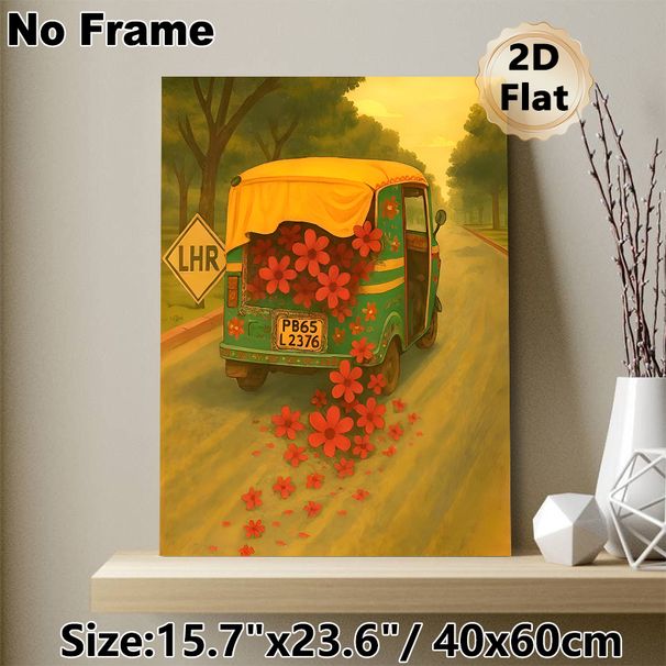 Floral Auto Rickshaw Painting Poster, Warm-hued Whimsical Art Poster, Charming Nostalgic Design Ideal For Living Room, Hallway Wall Decor_maomaolike.com