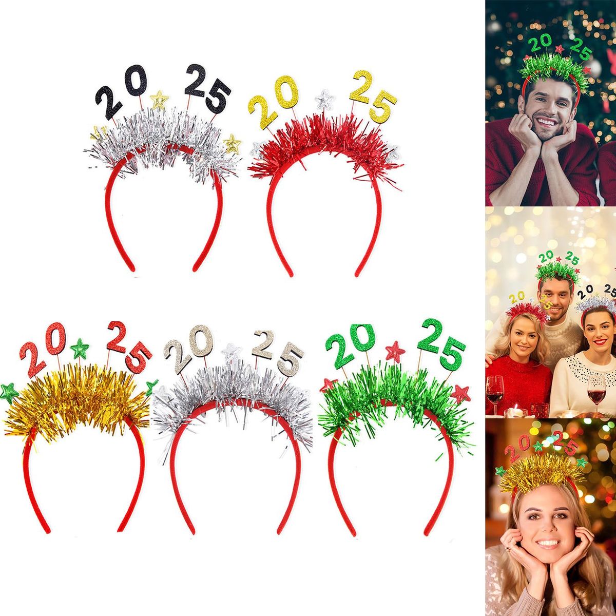 5PCS 2025 New Year Headband New Year's Eve Hat Star Hairbands Christmas Plastic Hair Bands With Sequins For New Year Eve Headpiece Birthday Carnival Party Props Decoration_maomaolike.com