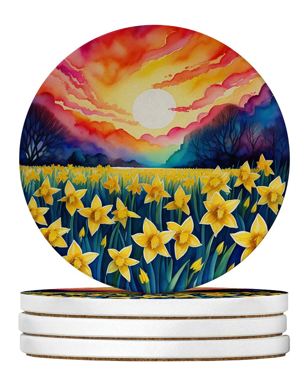 Colorful Daffodils Large Sandstone Coasters Pack Of 4 Absorbent Round Coasters Decor Gifts For Men Or Women, 4 In, Multicolor_maomaolike.com