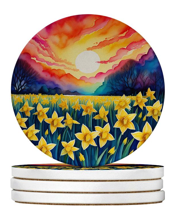 Colorful Daffodils Large Sandstone Coasters Pack Of 4 Absorbent Round Coasters Decor Gifts For Men Or Women, 4 In, Multicolor_maomaolike.com