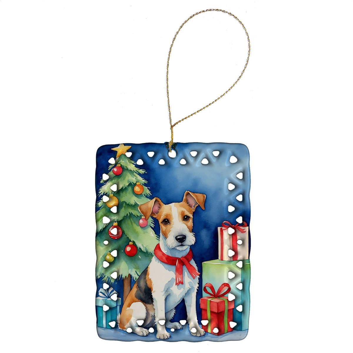 Fox Terrier Christmas Reindeer Porcelain Ornament Christmas Tree Hanging Decorations For Home Christmas Holiday, Rectangle, Gift, Multicolor_maomaolike.com