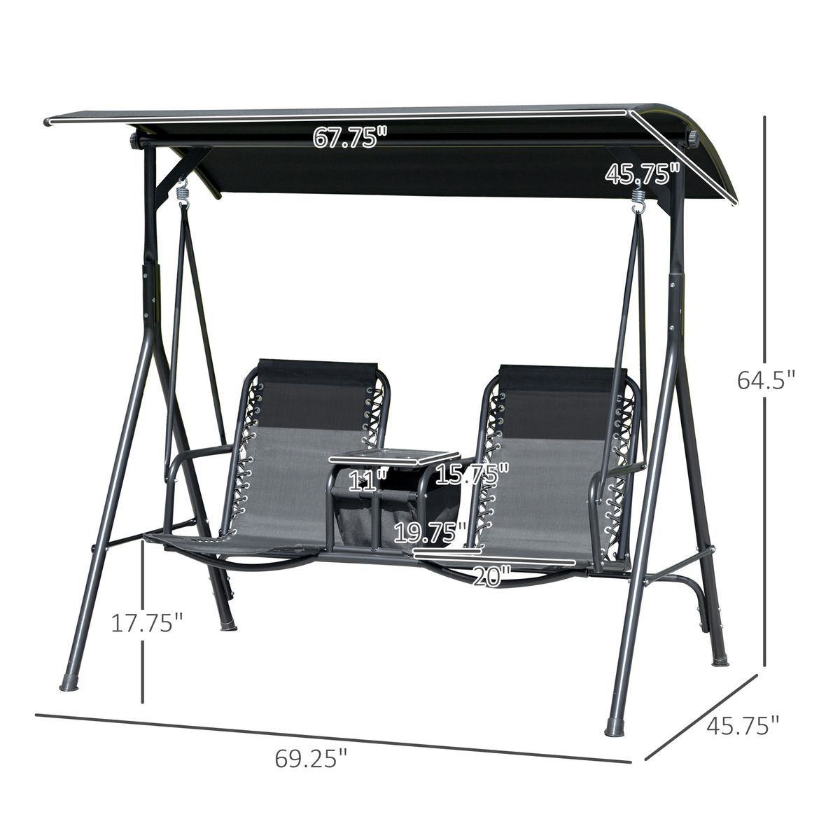 2-Seat Outdoor Porch Swing, With Pivot Storage Table, Cup Holder, & Adjustable Overhead Canopy, Stand's Skid-Resistant Feet Pad, Breathable Mesh Seat, Steel Frame, For Patio, Black_maomaolike.com