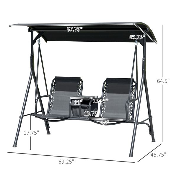 2-Seat Outdoor Porch Swing, With Pivot Storage Table, Cup Holder, & Adjustable Overhead Canopy, Stand's Skid-Resistant Feet Pad, Breathable Mesh Seat, Steel Frame, For Patio, Black_maomaolike.com
