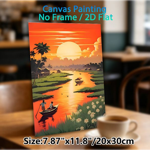 Riverside Sunset Village Landscape Painting Poster, Warm-hued Idyllic Riverside Scene Poster, Serene Tranquil Decor Suitable For Living Room, Bedroom_maomaolike.com