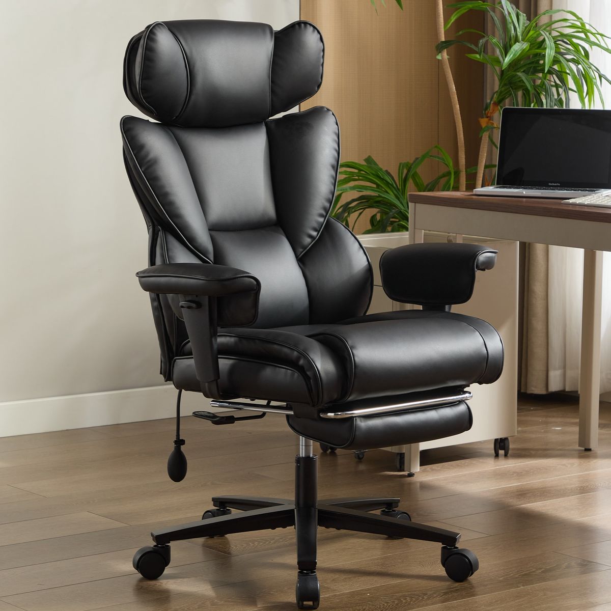 Office Chair With Foot Rest And Waist Lumber Support, Ergonomic Gaming Chair With Adjustable Height Headrest, High-Back Leather Reclining Chair For Home, Black_maomaolike.com