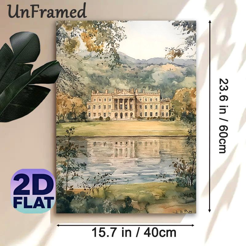 Mansion Waterscape Painting Poster, Soft Watercolor Style Poster, Elegant Lakeside Manor With Rolling Hills & Lake Reflection, Tranquil Scenic Artwork_maomaolike.com
