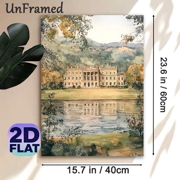 Mansion Waterscape Painting Poster, Soft Watercolor Style Poster, Elegant Lakeside Manor With Rolling Hills & Lake Reflection, Tranquil Scenic Artwork_maomaolike.com