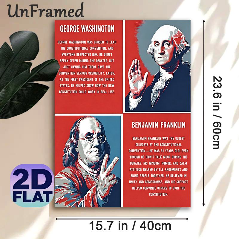 US Founding Fathers Painting Poster, Vibrant Retro-style George Washington & Benjamin Franklin Portrait Poster, Informative Historical Content Ideal_maomaolike.com