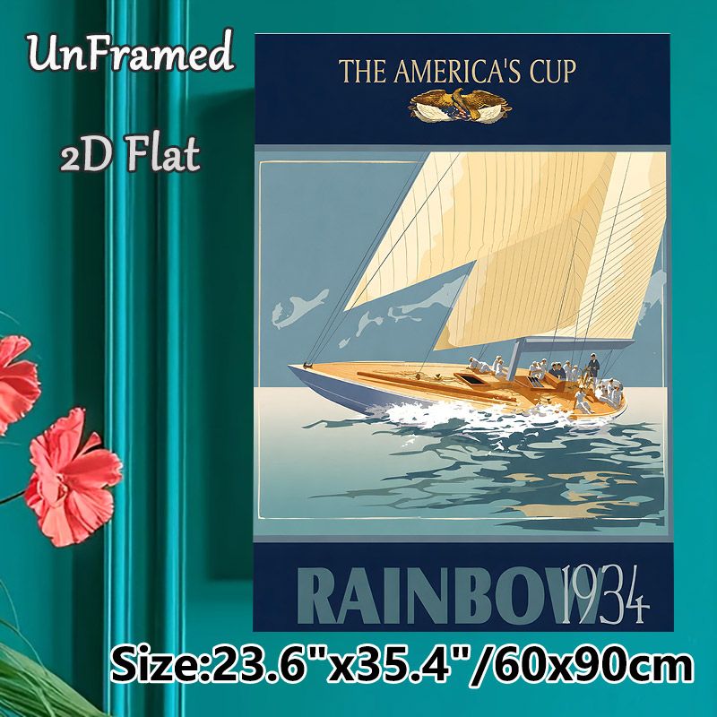 America's Cup Sailing Painting Poster, Vintage Retro 1934 Rainbow Yacht With Sailors On Sea Poster, Classic Nautical Artwork, Ideal For Home Office_maomaolike.com