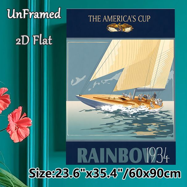 America's Cup Sailing Painting Poster, Vintage Retro 1934 Rainbow Yacht With Sailors On Sea Poster, Classic Nautical Artwork, Ideal For Home Office_maomaolike.com