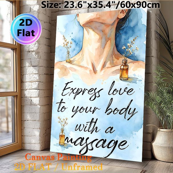 Massage Themed Painting Poster, Soft Watercolor Style Poster, Gentle Neck & Shoulder Artwork With Tiny Flower Bottles, Inspiring Self-care Message_maomaolike.com