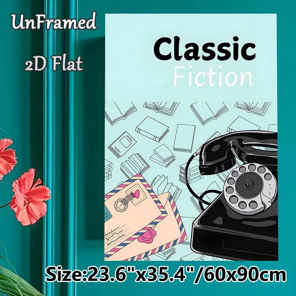 Classic Fiction Painting Poster, Vintage Cartoon Style Poster, Retro Rotary Phone, Envelopes & Illustrated Books Design, Nostalgic Literary Decor_maomaolike.com