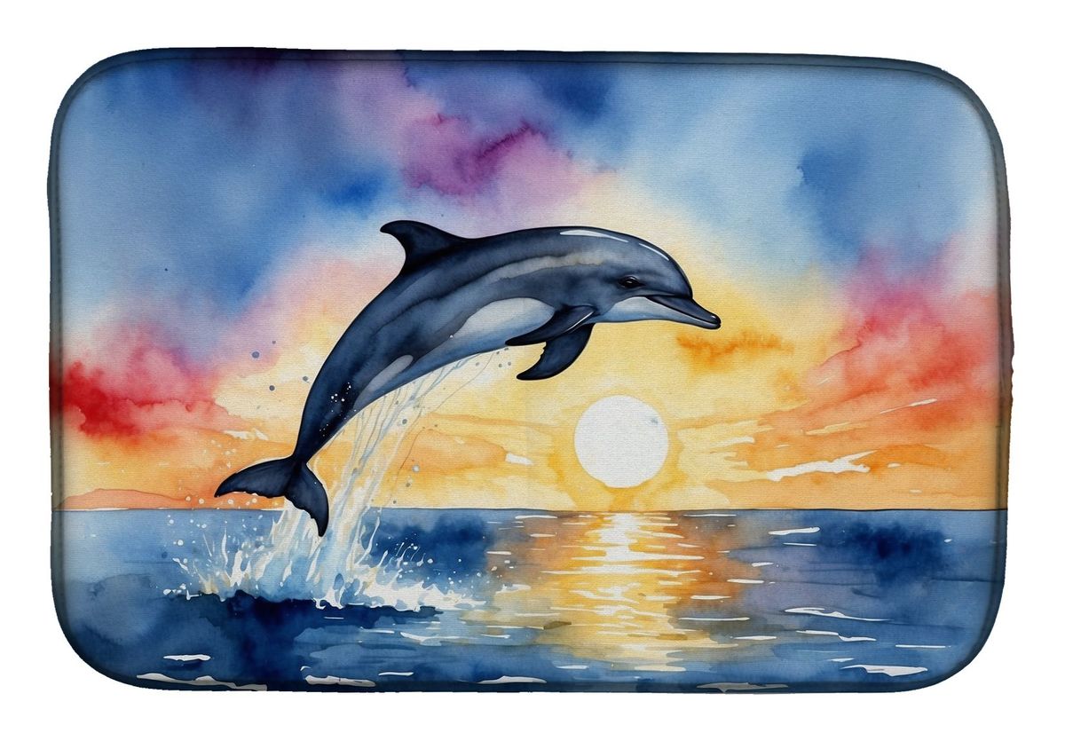Dolphin Leaping At Sunrise Dish Drying Mat Absorbent Dish Drying Mat Pad For Kitchen Counter Dish Drainer Mat For Countertop, 14 X 21", Multicolor_maomaolike.com