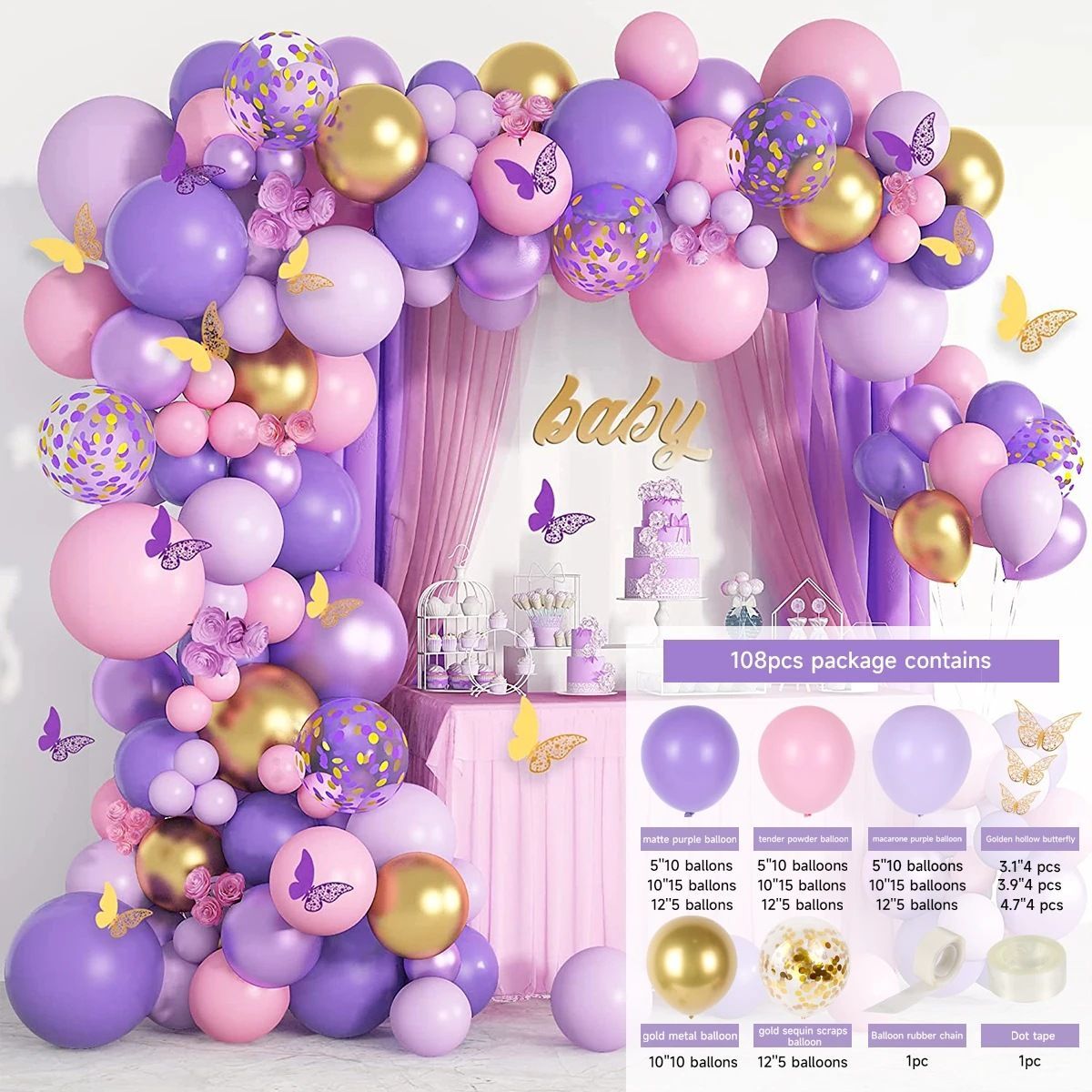 Purple Pink Butterfly Balloon Garland Arch Kit, Butterfly Decorations For Women, Pink And Purple Gold Confetti Balloons For Birthday Valentines Day Party Decorations_maomaolike.com