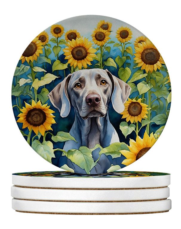 Weimaraner In Sunflowers Large Sandstone Coasters Pack Of 4 Absorbent Round Coasters Decor Gifts For Men Or Women, 4 In, Multicolor_maomaolike.com