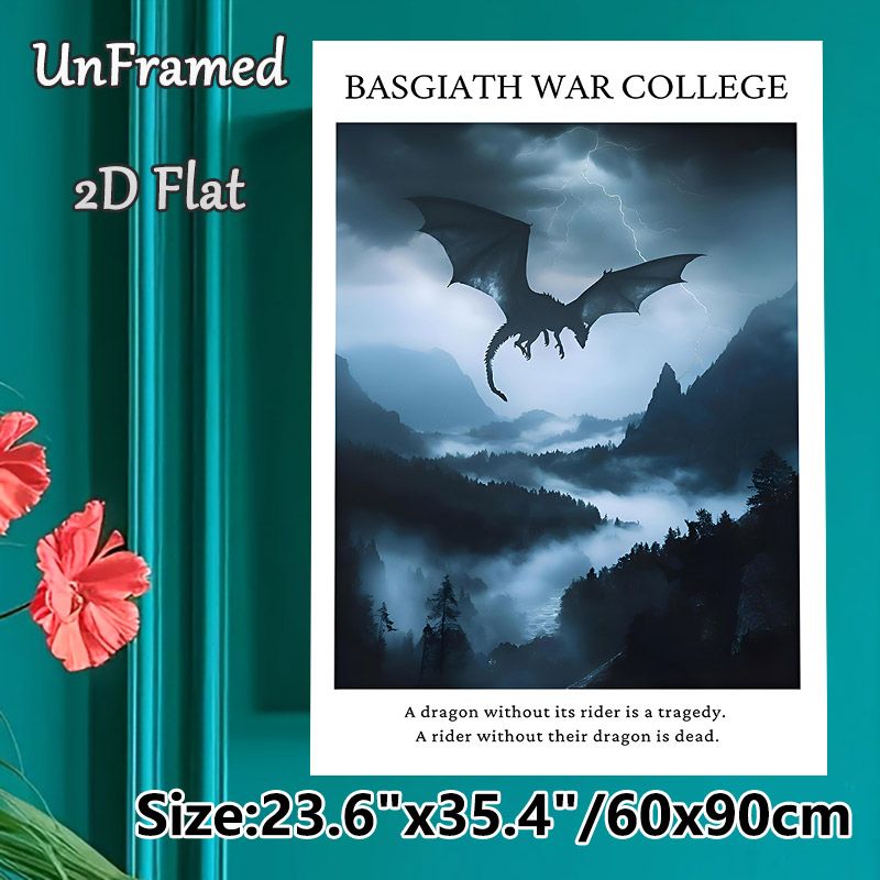 Basgiath War College Dragon Painting Poster, Moody Dark Fantasy Scene With Lightning & Misty Mountains Poster, Atmospheric Literary-inspired Decor_maomaolike.com