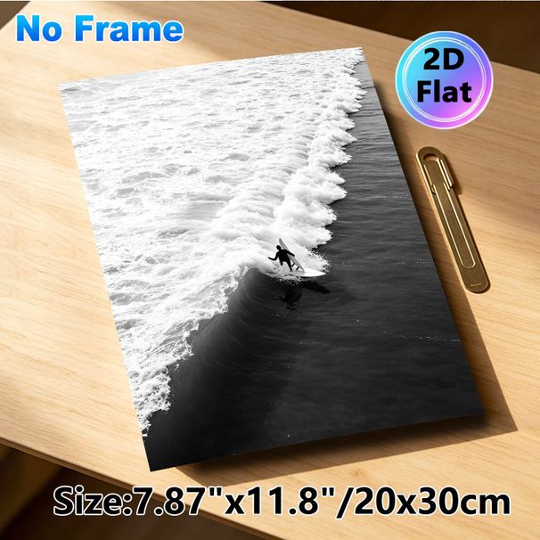 Surfing Themed Painting Poster, Monochrome Minimalist Surfer Riding Rolling Ocean Waves Poster, Stylish Coastal Art Piece Ideal For Bedroom, Living_maomaolike.com