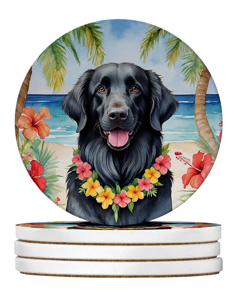 Flat-Coated Retriever Luau Large Sandstone Coasters Pack Of 4 Absorbent Round Coasters Decor Gifts For Men Or Women, 4 In, Multicolor_maomaolike.com