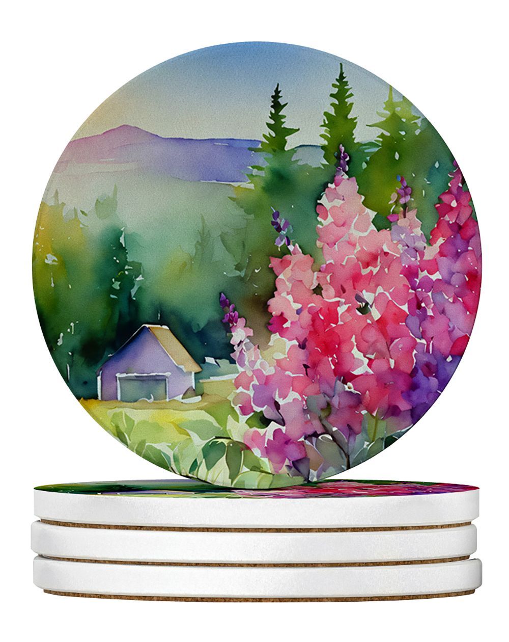 Idaho Syringa In Watercolor Large Sandstone Coasters Pack Of 4 Absorbent Round Coasters Decor Gifts For Men Or Women, 4 In, Multicolor_maomaolike.com