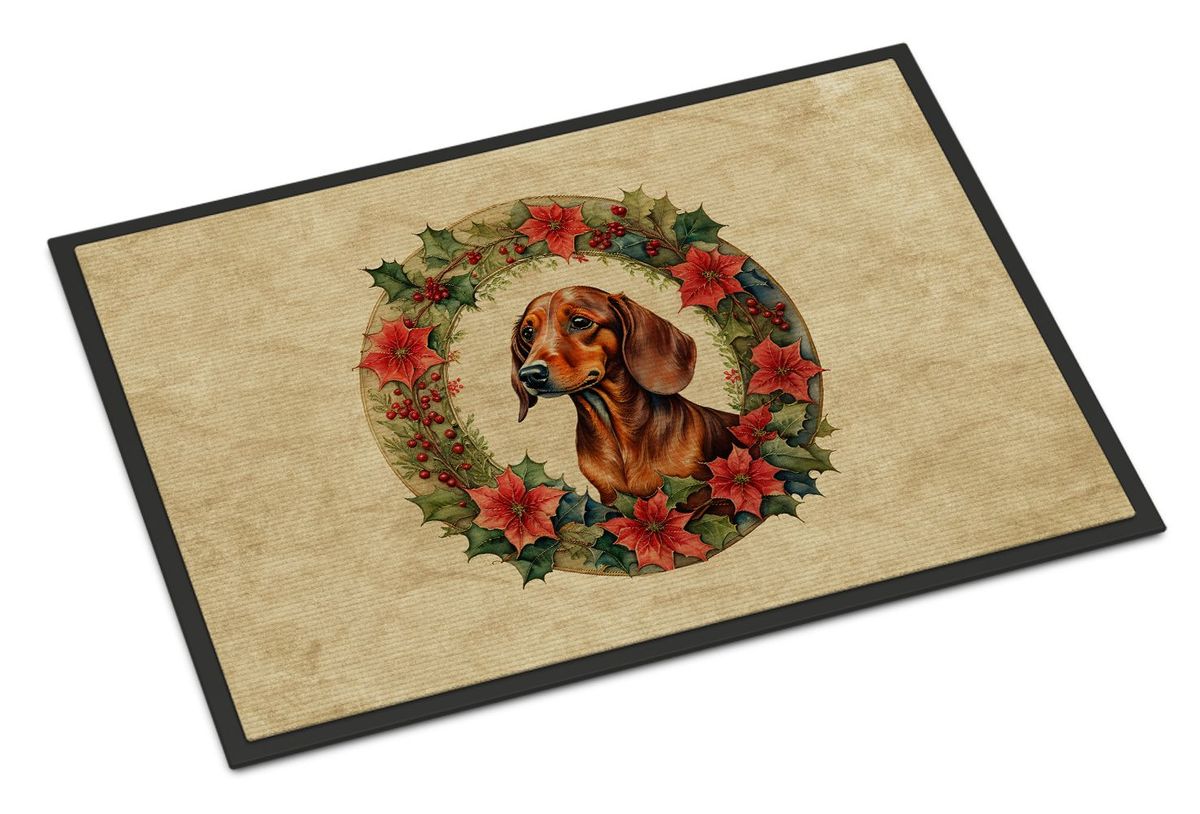 Dachshund Christmas Flowers Doormat Front Door Mat Indoor Outdoor Rugs For Entryway, Non Slip Washable Low Pile, 24H X 36W_maomaolike.com