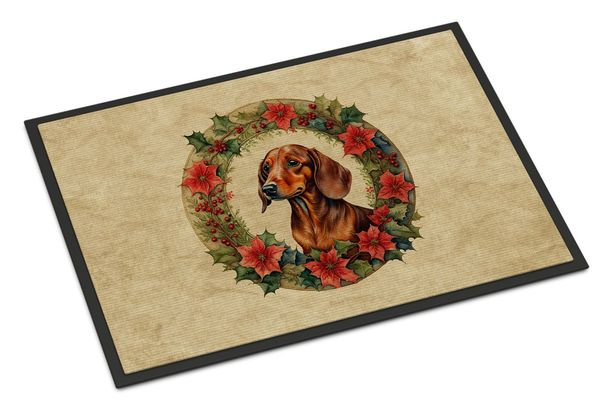 Dachshund Christmas Flowers Doormat Front Door Mat Indoor Outdoor Rugs For Entryway, Non Slip Washable Low Pile, 24H X 36W_maomaolike.com