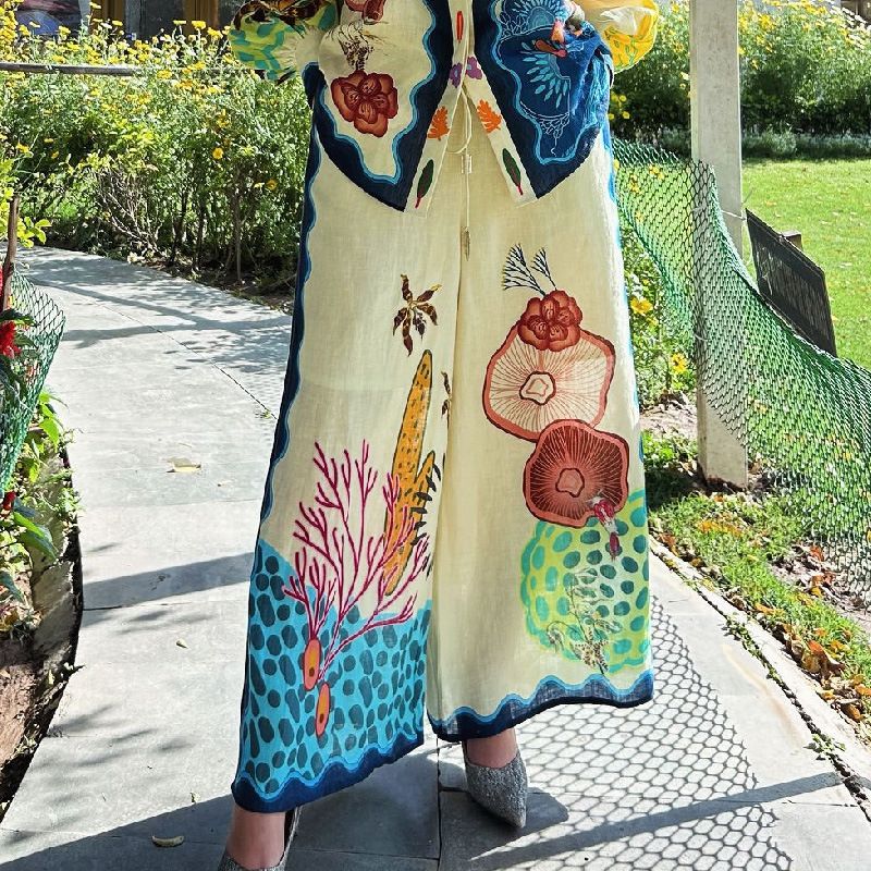 Women's Clothing fashion personality printed cotton and linen loose leisure vacation two-piece suit_maomaolike.com