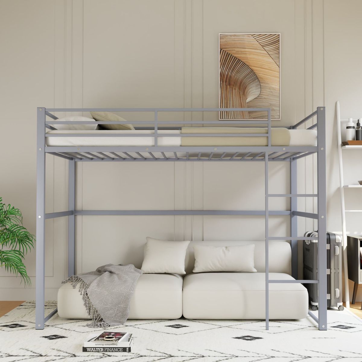 Metal Loft Bed Twin Size, Loft Bed Frame With Safety Guard Rails & Flat Ladder, Twin Loft Bed For Kids Teens Adults, Gray_maomaolike.com