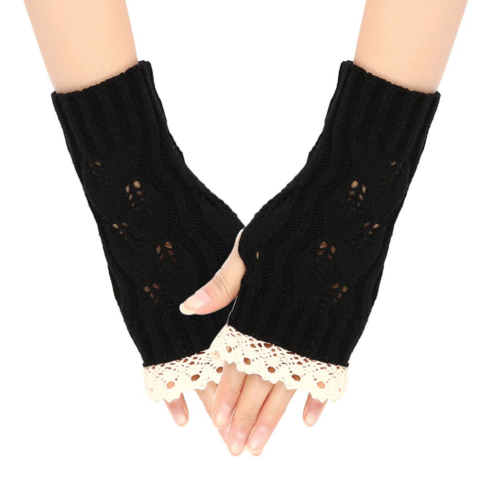 Unisex Autumn and winter lace gloves knitted acrylic wool sleeves hollow leaf wrist sleeves sleeves half finger gloves_maomaolike.com