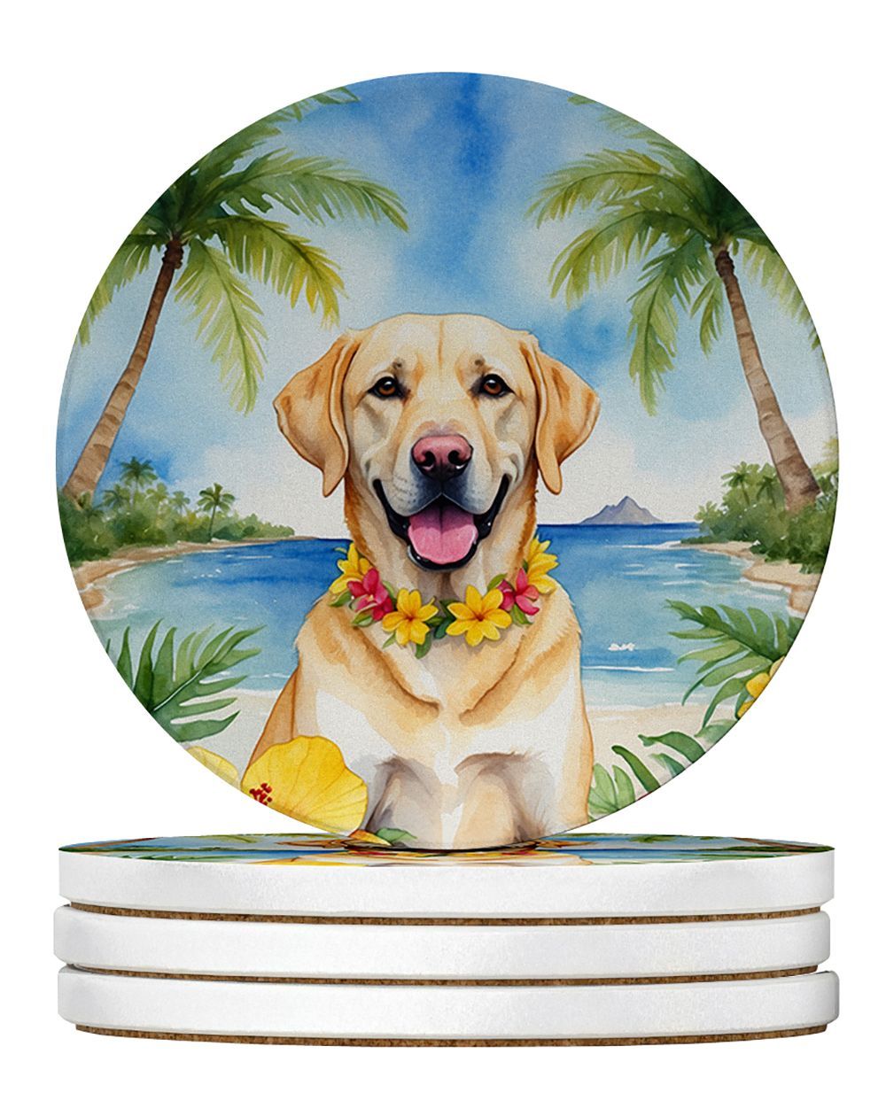 Yellow Labrador Retriever Luau Large Sandstone Coasters Pack Of 4 Absorbent Round Coasters Decor Gifts For Men Or Women, 4 In, Multicolor_maomaolike.com