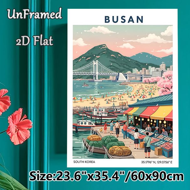 Busan Themed Painting Poster, Vibrant Retro Style Poster, Features Lively Harbor Market, Beach, Bridge & Cherry Blossom Scene, Ideal For Home, Living_maomaolike.com