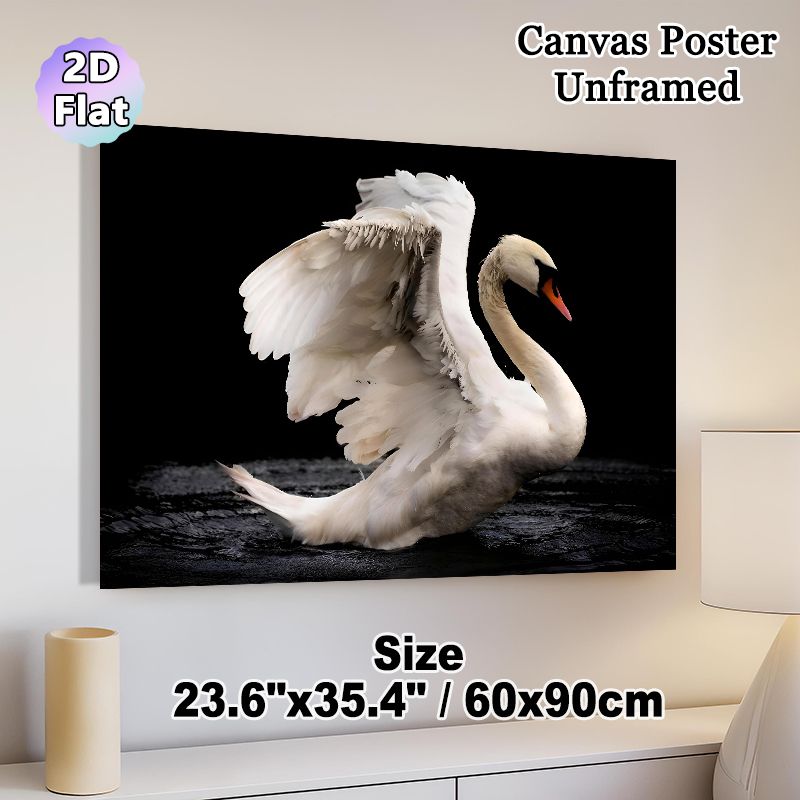 White Swan Painting Poster, Elegant Realistic White Swan Spreading Wings On Dark Water Poster, Eye-catching Contrast Design Ideal For Living Room_maomaolike.com