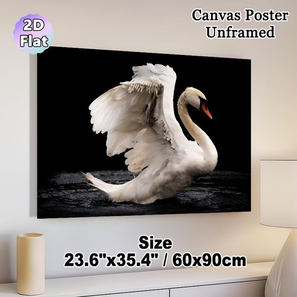 White Swan Painting Poster, Elegant Realistic White Swan Spreading Wings On Dark Water Poster, Eye-catching Contrast Design Ideal For Living Room_maomaolike.com