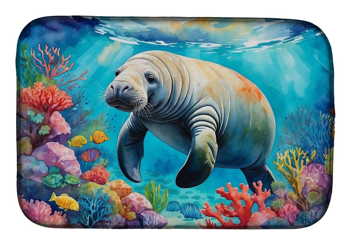 Manatee And Coral Reefs Dish Drying Mat Absorbent Dish Drying Mat Pad For Kitchen Counter Dish Drainer Mat For Countertop, 14 X 21", Multicolor_maomaolike.com