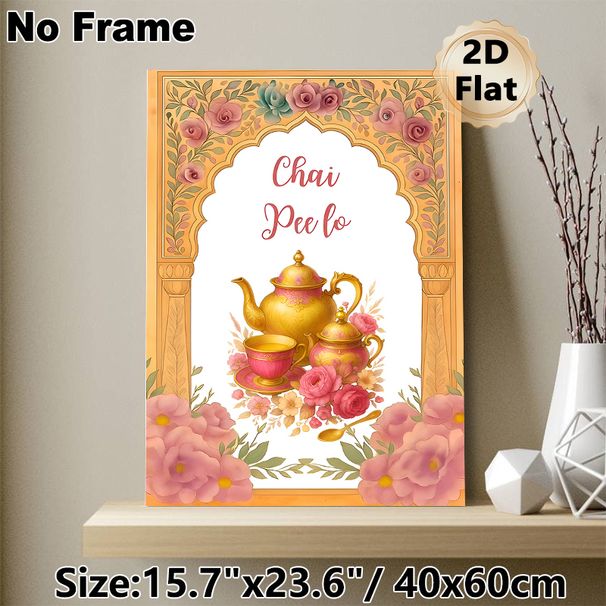 Chai Tea Themed Painting Poster, Elegant Watercolor Vintage Teapot & Floral Arch Poster, Warm Cultural-inspired Decor Ideal For Kitchen, Dining Area_maomaolike.com