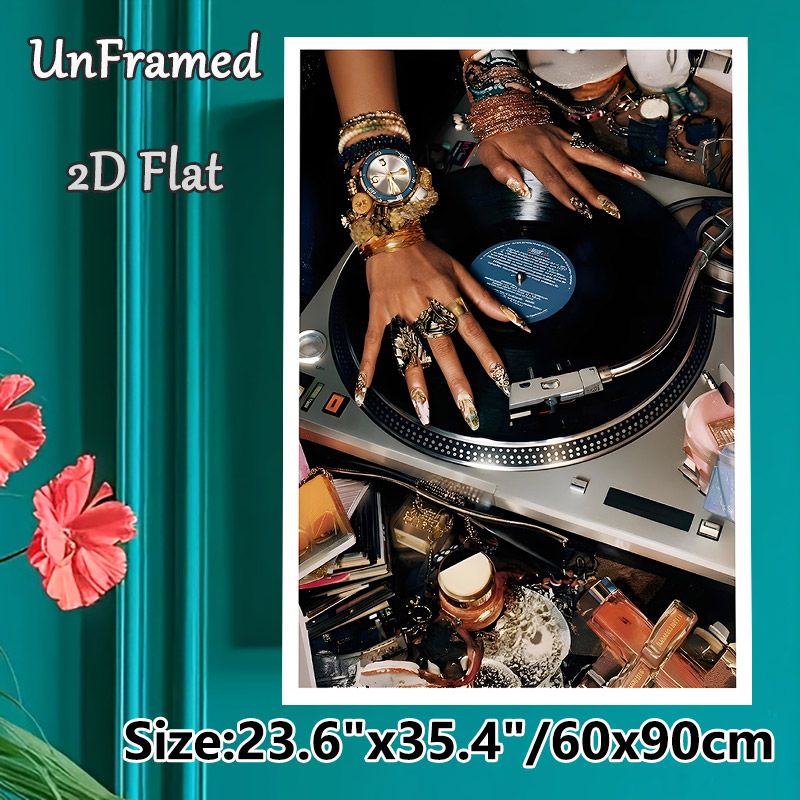 DJ Turntable & Glamorous Jeweled Hands Painting Poster, Luxurious Retro Style Poster, Stylish Vinyl Player & Ornate Hands Design, Adds Artistic Flair_maomaolike.com