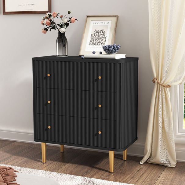 Black Modern 3 Drawer Dresser For Bedroom - Wood Storage Cabinet With Fluted Texture, Spacious Chest Of Drawers Organizer For Living Room,Closet,Hallway_maomaolike.com