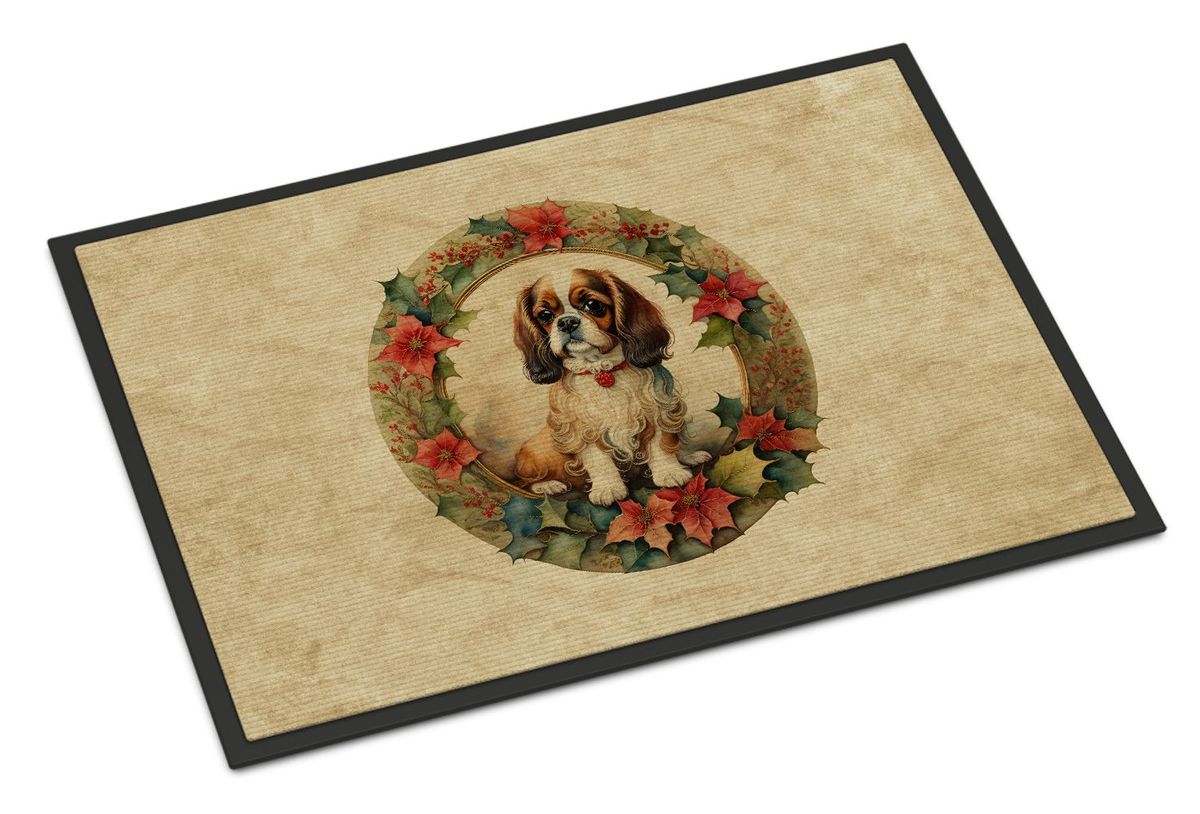 English Toy Spaniel Christmas Flowers Doormat Front Door Mat Indoor Outdoor Rugs For Entryway, Non Slip Washable Low Pile, 24H X 36W_maomaolike.com