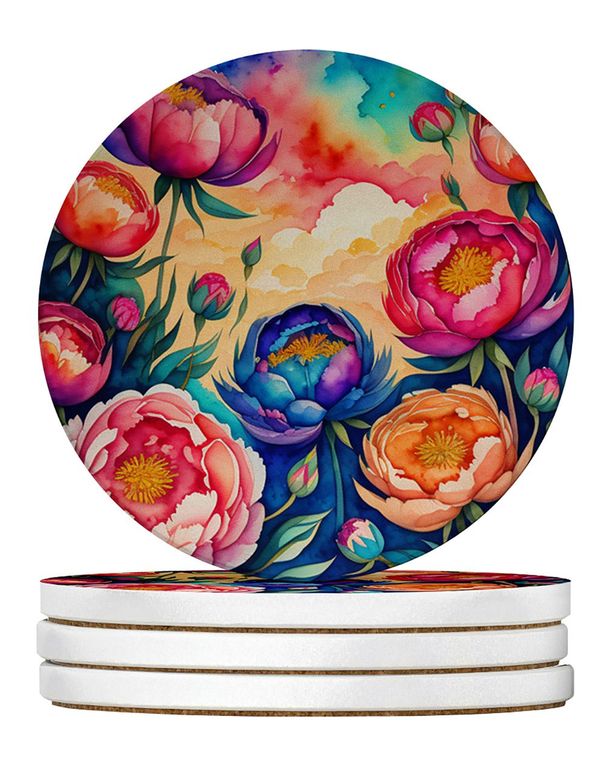 Colorful Peonies Large Sandstone Coasters Pack Of 4 Absorbent Round Coasters Decor Gifts For Men Or Women, 4 In, Multicolor_maomaolike.com