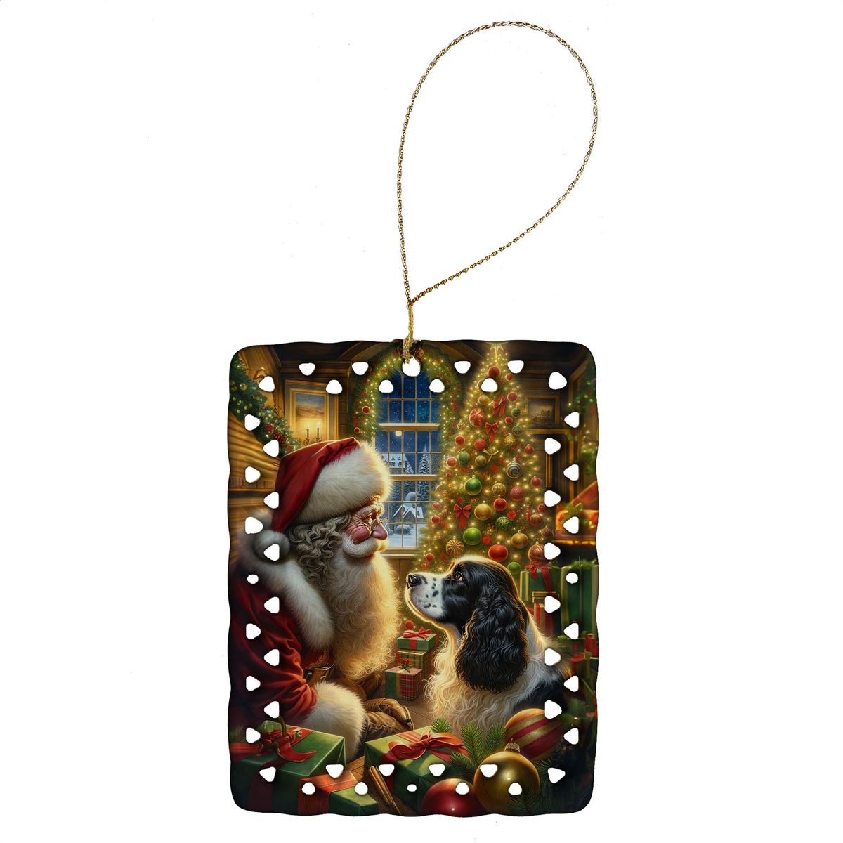 English Springer Spaniel And Santa Claus Porcelain Ornament Christmas Tree Hanging Decorations For Home Christmas Holiday, Rectangle, Gift, Multicolor_maomaolike.com