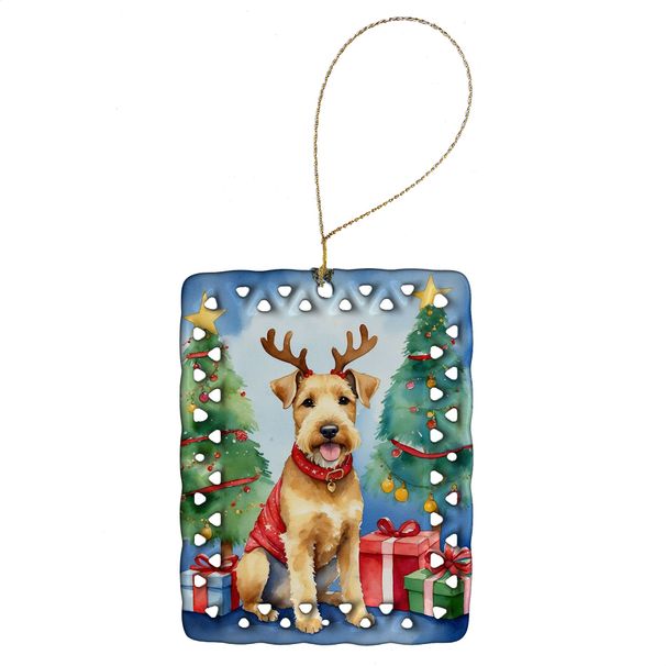 Lakeland Terrier Christmas Reindeer Porcelain Ornament Christmas Tree Hanging Decorations For Home Christmas Holiday, Rectangle, Gift, Multicolor_maomaolike.com