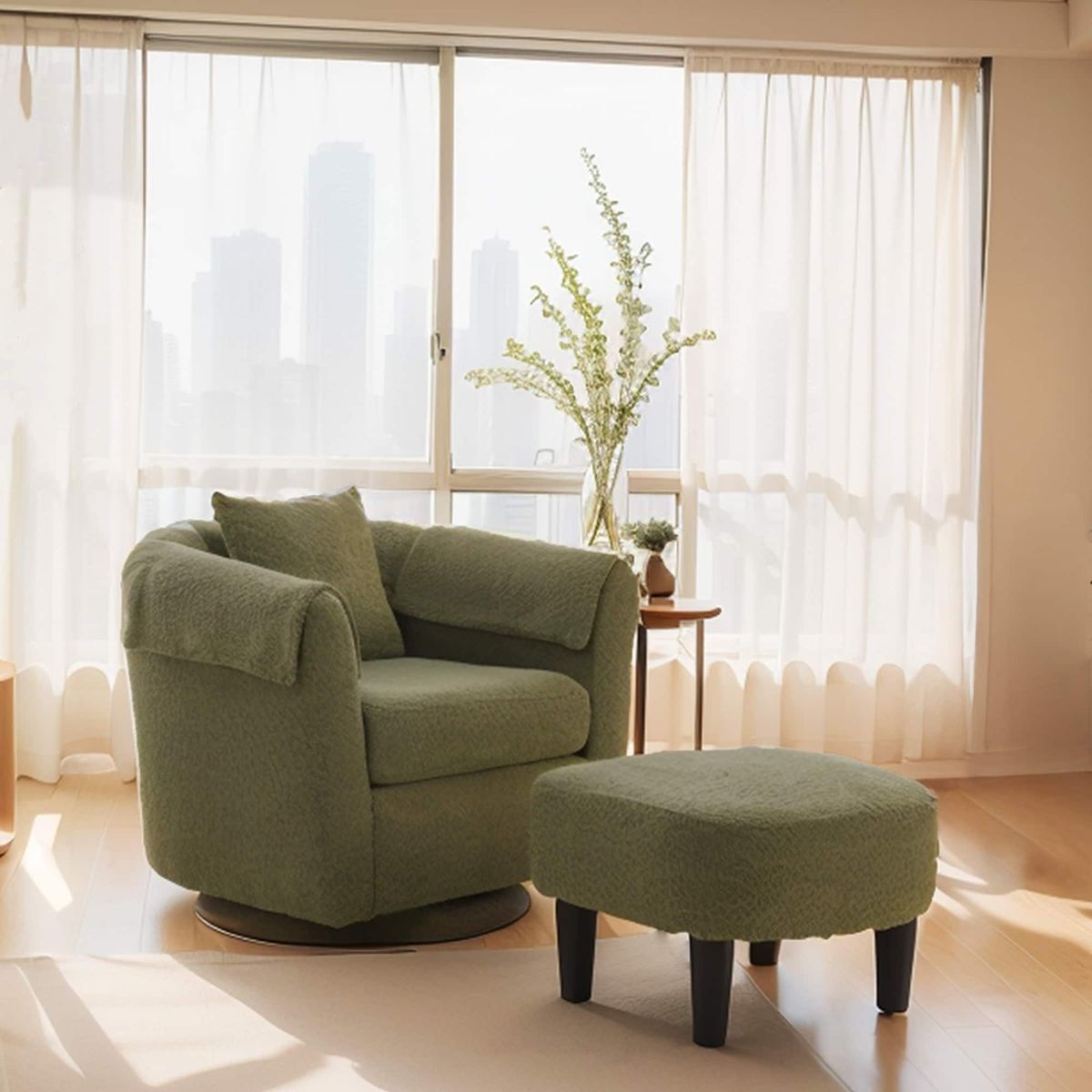 Swivel Accent Chair With Ottoman Set, Modern Chenille Barrel Armchair With Removable Back Pillow & 2 Armrest Covers For Living Room, Bedroom, Office, Green_maomaolike.com
