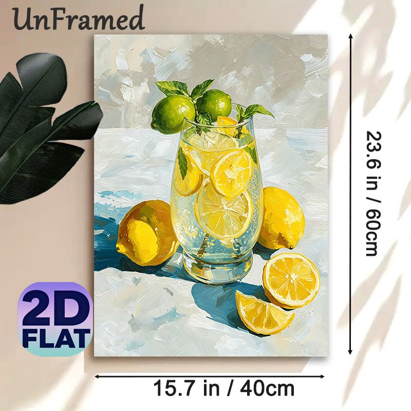 Lemon Drink Still Life Painting Poster, Vibrant Impasto-style Citrus & Lemonade Glass Poster, Fresh Visual Appeal For Kitchen, Dining Room Decor_maomaolike.com