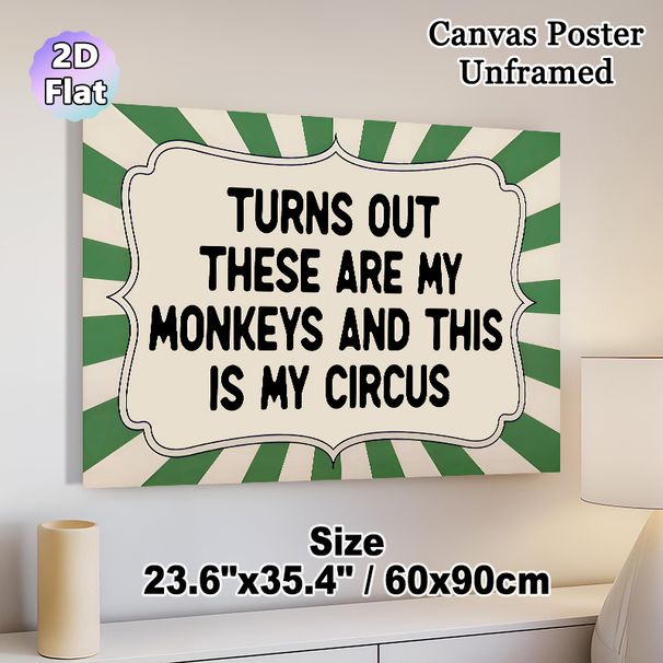 Circus & Monkey Quote Painting Poster, Vintage Green Radial Stripe Framed Typography Poster, Witty Humorous Wall Decor For Home Office, Living Room_maomaolike.com