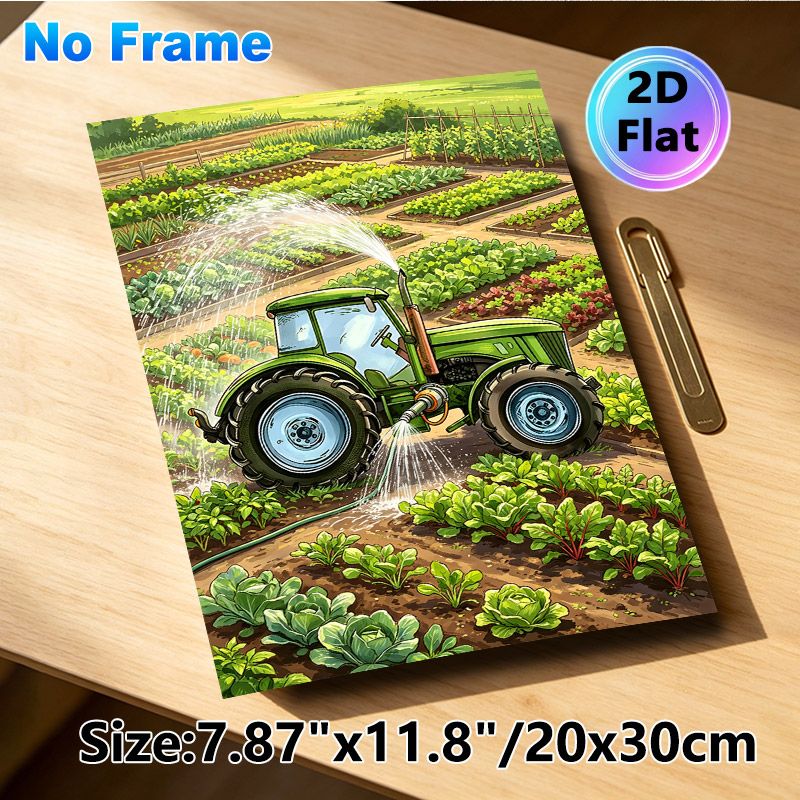 Farm Tractor Gardening Painting Poster, Vibrant Cartoon-style Poster, Green Tractor Watering Vegetable Fields, Fresh Pastoral Decor Idea For Home_maomaolike.com