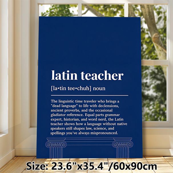 Latin Teacher Definition Painting Poster, Minimalist Typographic Dark Blue Poster With Greek Column Outline, Informative Humorous Decor Ideal For_maomaolike.com