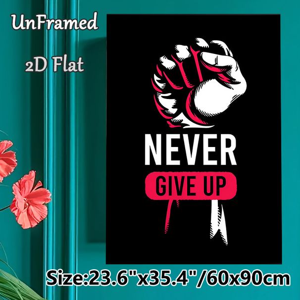 Motivational Fist Painting Poster, Bold Graphic Black, White & Red Fist With "Never Give Up" Text Poster, Inspirational Wall Decor For Home Office_maomaolike.com
